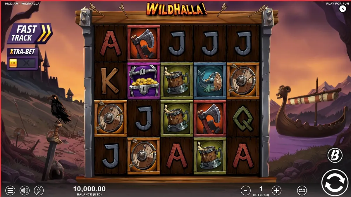 Tampilan visual slot Wildhalla dengan latar belakang tema Viking dan Valhalla