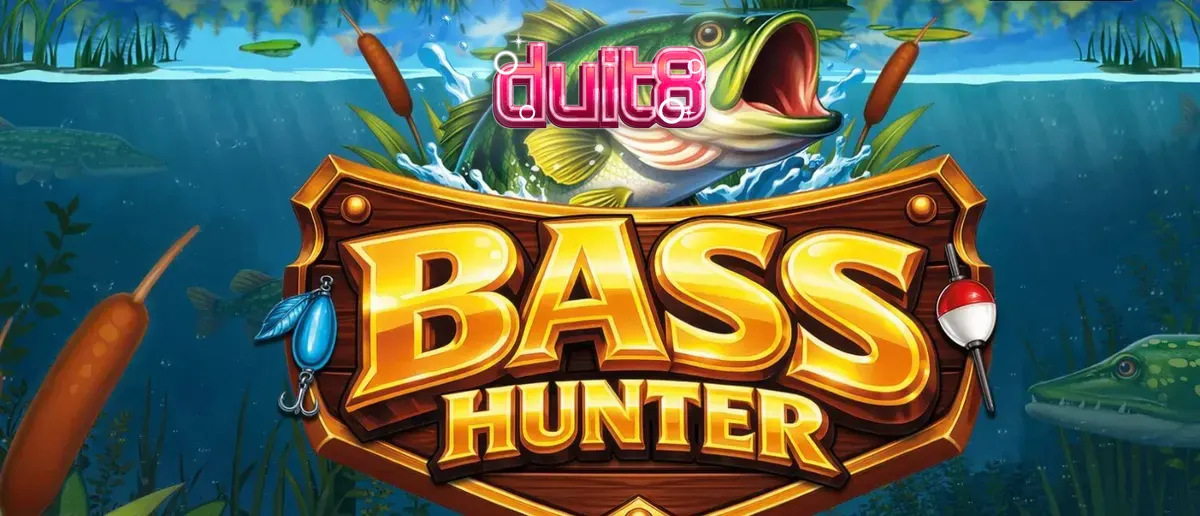 Pemandangan bawah air yang tenang dalam slot Bass Hunter dengan simbol ikan dan peralatan memancing.